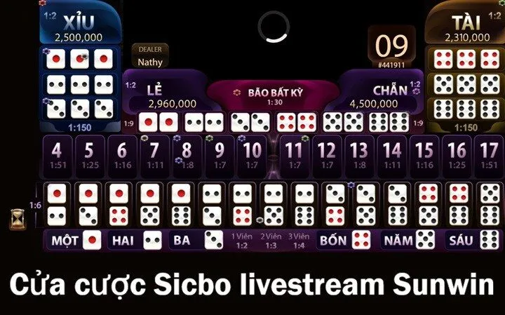 Các cửa cược Sicbo Livestream tại Sunwin